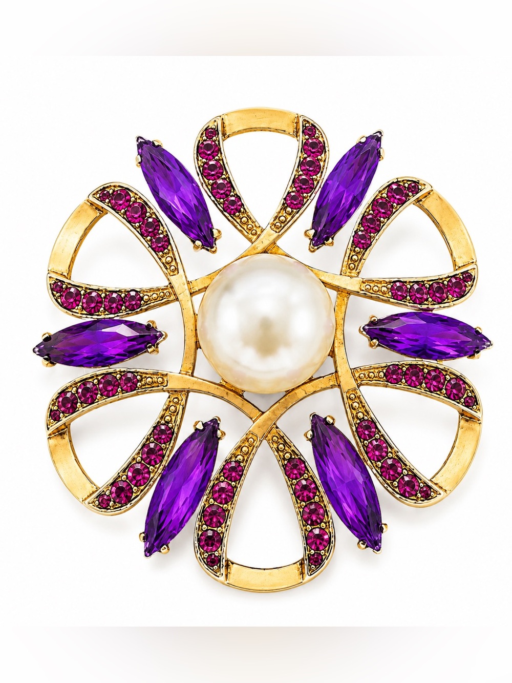 Gold Tone Faux Pearl & Purple Rhinestone Statement Brooch NEW. VTG Style